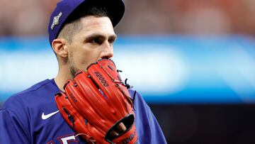 HOUSTON, TEXAS - OCTOBER 22: Nathan Eovaldi #17 of the Texas Rangers reacts as he walks back to the dugout against the Houston Astros to end the sixth inning in Game Six of the American League Championship Series at Minute Maid Park on October 22, 2023 in Houston, Texas. Carmen Mandato/Getty Images/AFP (Photo by Carmen Mandato / GETTY IMAGES NORTH AMERICA / Getty Images via AFP)