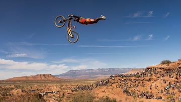 Bienvenido Aguado Alba hits a jump at Red Bull Rampage in Virgin, Utah, USA on October 13, 2023.