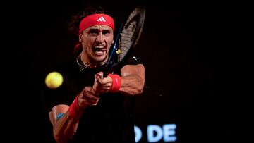 Germany's Alexander Zverev returns the ball to Kazakhstan's Alexander Shevchenko during their second round tennis match at the ATP 500 Rio Open in Rio de Janeiro, Brazil, on February 19, 2025. (Photo by Mauro PIMENTEL / AFP)