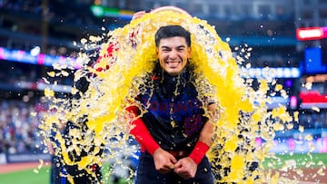 TORONTO, CANADA - APRIL 10: Brandon Valenzuela #59 of the Toronto Blue Jays gets doused in Underarmor sports drink following his team's win against the Minnesota Twins in their MLB game at the Rogers Centre on April 10, 2026 in Toronto, Ontario, Canada. Mark Blinch/Getty Images/AFP (Photo by MARK BLINCH / GETTY IMAGES NORTH AMERICA / Getty Images via AFP)