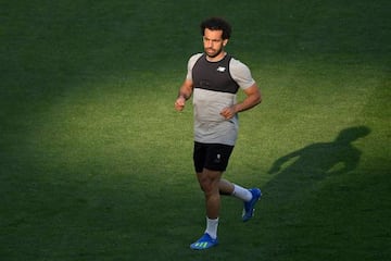 Liverpool's Mohamed Salah in training at the NSC Olimpiyskiy this evening.