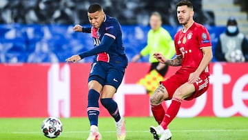 Kylian Mbappe of Paris Saint-Germain and Lucas Hernandez of Bayern Munich during the UEFA Champions League, quarter-final, 2nd leg football match between Paris Saint-Germain and Bayern Munich on April 13, 2021 at Parc des Princes stadium in Paris, France 