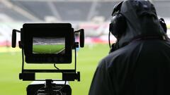 The pitch is seen through the lens of a TV camera ahead of the English Premier League football match between Newcastle United and Everton at St James&#039; Park in Newcastle-upon-Tyne, north east England on November 1, 2020. (Photo by Alex Pantling / POOL