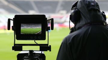 The pitch is seen through the lens of a TV camera ahead of the English Premier League football match between Newcastle United and Everton at St James' Park in Newcastle-upon-Tyne, north east England on November 1, 2020. (Photo by Alex Pantling / POOL