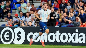 BIELSKO-BIALA, POLAND - MAY 28: Adolfo Gaich of Argentina celebrates scoring the opening goal during the 2019 FIFA U-20 World Cup group F match between Portugal and Argentina at Bielsko-Biala Stadium on May 28, 2019 in Bielsko-Biala, Poland. (Photo by Stephen Pond - FIFA/FIFA via Getty Images)