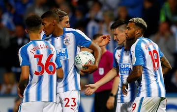 Huddersfield Town’s Joe Lolley celebrates scoring their second goal with teammates