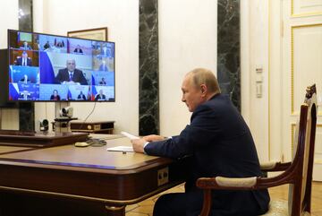 Russian President Vladimir Putin attends a meeting on the current situation in Russia's iron and steel industry, via video link in Moscow, Russia, 20 April 2022.