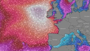 Las olas de la borrasca formada tras el huracán Epsilon en el Atlántico Norte llegando a Irlanda, España, Francia y Portugal. En rojo y en blanco, podría dejar algunas de las olas más grandes jamás vistas por esta