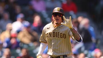 CHICAGO, ILLINOIS - APRIL 27: Manny Machado #13 of the San Diego Padres celebrates a solo home run off Hayden Wesneski #19 of the Chicago Cubs (not pictured) during the second inning at Wrigley Field on April 27, 2023 in Chicago, Illinois.   Michael Reaves/Getty Images/AFP (Photo by Michael Reaves / GETTY IMAGES NORTH AMERICA / Getty Images via AFP)