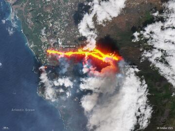 Las autoridades han mantenido a unas 3.500 personas confinadas hasta la por la nube tóxica generada por el contacto de la colada con una cementera. Según el último informe del Instituto Geográfico Nacional, se han registrado un total de 64 movimientos sísmicos en la zona de La Palma, de los cuales seis se hicieron notar en la localidad insular
