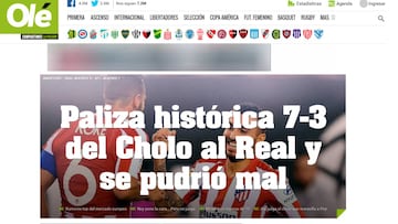 Portada de la web del diario argentino Ol&eacute; tras el 3-7 del Atl&eacute;tico al Real Madrid en el derbi madrile&ntilde;o de la International Champions Cup disputado en Nueva Jersey.