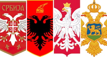De izquierda a derecha, el nuevo escudo con el que jugará Serbia y los escudos de Albania, Polonia y Montenegro. Los parecidos entre el primero y los siguientes son evidentes. 