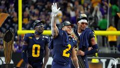 Jan 8, 2024; Houston, TX, USA; Michigan Wolverines running back Blake Corum (2) celebrates after beating the Washington Huskies in the 2024 College Football Playoff national championship game at NRG Stadium. Mandatory Credit: Kirby Lee-USA TODAY Sports