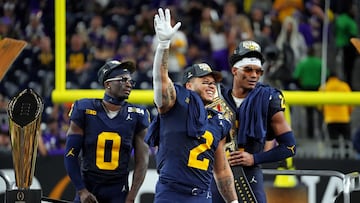 Jan 8, 2024; Houston, TX, USA; Michigan Wolverines running back Blake Corum (2) celebrates after beating the Washington Huskies in the 2024 College Football Playoff national championship game at NRG Stadium. Mandatory Credit: Kirby Lee-USA TODAY Sports