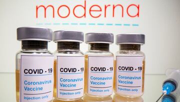 FILE PHOTO: Vials with a sticker reading &quot;COVID-19/Coronavirus vaccine/Injection only&quot; and a syringe are seen in front of a displayed Moderna logo in this illustration taken October 31, 2020. REUTERS/Dado Ruvic/Illustration/File Photo
