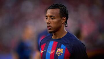 BARCELONA, SPAIN - AUGUST 07: Jules Kounde of FC Barcelona looks on prior to the Joan Gamper Trophy match between FC Barcelona and Pumas UNAM at Spotify Camp Nou on August 07, 2022 in Barcelona, Spain. (Photo by Alex Caparros/Getty Images)