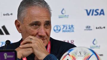 Brazil's coach Tite gives a press conference at the Qatar National Convention Center (QNCC) in Doha on December 8, 2022, on the eve of the Qatar 2022 World Cup quarter final football match between Brazil and Croatia. (Photo by NELSON ALMEIDA / AFP) (Photo by NELSON ALMEIDA/AFP via Getty Images)