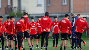 AME562. CALERNO (ITALIA), 21/03/2024.-Fotografía cedida por la Federación de Fútbol de Chile (FFCh) que muestra al entrenador de la selección chilena, Ricardo Gareca (2d), mientras conversa con sus jugadores durante una sesión de entrenamiento el 20 de marzo de 2024, en Calerno (Italia). El debut de Gareca como seleccionador de Chile será este viernes ante Albania en la ciudad de Parma, en el primero de los dos duelos amistosos de la gira por Europa que completará con Francia y para el cual recurrirá a ciertos nombres de la Generación Dorada que había quedado desplazados en el anterior ciclo. EFE/ Comunicaciones FFCh/ SÓLO USO EDITORIAL/SÓLO DISPONIBLE PARA ILUSTRAR LA NOTICIA QUE ACOMPAÑA (CRÉDITO OBLIGATORIO)