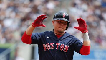 NEW YORK, NEW YORK - AUGUST 19: Luis Urias #17 of the Boston Red Sox rounds the bases after hitting a second inning grand slam against Gerrit Cole #45 of the New York Yankees during their game at Yankee Stadium on August 19, 2023 in Bronx borough of New York City. Al Bello/Getty Images/AFP (Photo by AL BELLO / GETTY IMAGES NORTH AMERICA / Getty Images via AFP)
