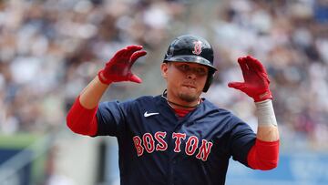 NEW YORK, NEW YORK - AUGUST 19: Luis Urias #17 of the Boston Red Sox rounds the bases after hitting a second inning grand slam against Gerrit Cole #45 of the New York Yankees during their game at Yankee Stadium on August 19, 2023 in Bronx borough of New York City.   Al Bello/Getty Images/AFP (Photo by AL BELLO / GETTY IMAGES NORTH AMERICA / Getty Images via AFP)