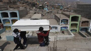 AME1836. LIMA (PERÚ), 01/09/2020.- Fotografía fechada el 20 de agosto de 2020 que muestra el sepelio de una persona en el cementerio de Comas en Lima (Perú). Perú suma en seis meses de pandemia más de 70.000 muertos, un número superior a las víctimas que, durante veinte años (1980-2000), dejó la sanguinaria violencia del conflicto armado interno causado por las organizaciones subversivas Sendero Luminoso y Movimiento Revolucionario Túpac Amaru (MRTA). EFE/Paolo Aguilar