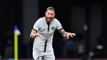 TOKYO, JAPAN - JULY 20: Sergio Ramos of Paris Sait-Germain gestures during the preseason friendly match between Paris Saint-Germain and Kawasaki Frontale at National Stadium on July 20, 2022 in Tokyo, Japan. (Photo by Masashi Hara/Getty Images)