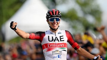 MONTREAL, QUEBEC - SEPTEMBER 11: Tadej Pogacar of Slovenia and UAE Team Emirates celebrates winning during the 11th Grand Prix Cycliste de Montreal 2022 a 221km one day race from Montreal to Montreal / #GPCQM / #WorldTour / on September 11, 2022 in Montreal, Quebec. (Photo by Dario Belingheri/Getty Images,)