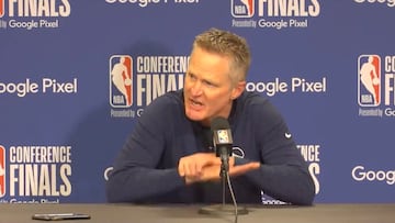 NBA's Golden State Warriors head coach Steve Kerr reacts during a news conference before game against Dallas Mavericks following a shooting at an elementary school at Robb Elementary School in Uvalde, in Dallas, U.S., May 24, 2022 in this still image obtained from a social media video May 25, 2022. Courtesy of Golden State Warriors/via REUTERS  THIS IMAGE HAS BEEN SUPPLIED BY A THIRD PARTY. MANDATORY CREDIT. NO RESALES. NO ARCHIVES.