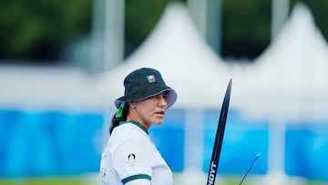 Alejandra Valencia of Mexico during Archery competition Womens Quarter-Final against Lim Sihyeon of South Korea Republic as part of the Paris 2024 Olympic Games at The Esplanade des Invalides on August 03, 2024 in Paris, France.
