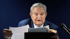 Hungarian-born US investor and philanthropist George Soros addresses the assembly on the sidelines of the World Economic Forum (WEF) annual meeting in Davos on May 24, 2022. (Photo by Fabrice COFFRINI / AFP)