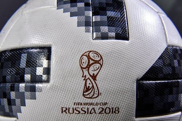 A close-up view shows the official match ball for the 2018 World Cup, named "Telstar 18", during its unveiling ceremony in Moscow on November 9, 2017.