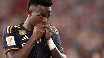 Real Madrid's Brazilian forward #07 Vinicius Junior celebrates scoring his team's third goal during the Spanish Liga football match between UD Almeria and Real Madrid CF at the Municipal Stadium of the Mediterranean Games in Almeria on August 19, 2023. (Photo by JORGE GUERRERO / AFP)