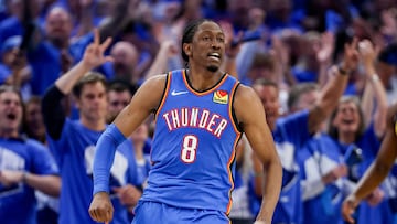 Jalen Williams #8 of the Oklahoma City Thunder celebrates during the fourth quarter against the Indiana Pacers in Game Seven of the 2025 NBA Finals at Paycom Center on June 22, 2025 in Oklahoma City, Oklahoma.