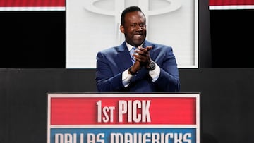 May 12, 2025; Chicago, Illinois, US; Rolando Blackman of the Dallas Mavericks reacts after winning the the first pick during the 2025 NBA Draft Lottery at McCormick Place. Mandatory Credit: David Banks-Imagn Images
