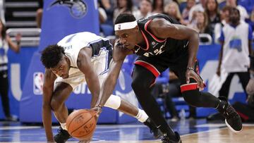 ORLANDO, FL - APRIL 19: Pascal Siakam #43 of the Toronto Raptors steal the ball from Jonathan Isaac #1 of the Orlando Magic during Game Three of the first round of the 2019 NBA Eastern Conference Playoffs at the Amway Center on April 19, 2019 in Orlando, Florida. The Raptors defeated the Magic 98 to 93. NOTE TO USER: User expressly acknowledges and agrees that, by downloading and or using this photograph, User is consenting to the terms and conditions of the Getty Images License Agreement.   Don Juan Moore/Getty Images/AFP
 == FOR NEWSPAPERS, INTERNET, TELCOS &amp; TELEVISION USE ONLY ==