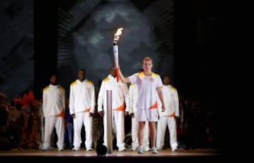 TORONTO, ON - JULY 10: Faith Zacharias stands with the torch during the Opening Ceremony for the Toronto 2015 Pan Am Games at Rogers Centre on July 10, 2015 in Toronto, Canada.   Ezra Shaw/Getty Images/AFP
== FOR NEWSPAPERS, INTERNET, TELCOS & TELEVISION USE ONLY ==