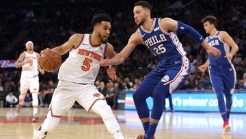 Mar 15, 2018; New York, NY, USA; New York Knicks shooting guard Courtney Lee (5) drives to the basket against Philadelphia 76ers guard Ben Simmons (25) during the third quarter at Madison Square Garden. Mandatory Credit: Brad Penner-USA TODAY Sports