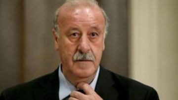 El seleccionador español de fútbol, Vicente del Bosque, a su llegada a la rueda de prensa que ofreció en el hotel en el que el equipo español permanecerá concentrado en Kiev, ciudad en la que el próximo domingo disputará la final de la Eurocopa 2012.