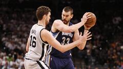 Apr 15, 2017; San Antonio, TX, USA; Memphis Grizzlies center Marc Gasol (33) is defended by San Antonio Spurs center Pau Gasol (16) during the first half in game one of the first round of the 2017 NBA Playoffs at AT&amp;T Center. Mandatory Credit: Soobum Im-USA TODAY Sports
