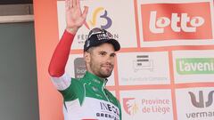 Italy's Filippo Ganna of Ineos Grenadiers celebrates on the podium after victory in stage 4 of the Tour De Wallonie cycling race, an individual time trial from Mons to Mons (32,6 km) in Mons on July 25, 2023. The Tour de Wallonie is taking place from July 22-26, 2023. (Photo by BRUNO FAHY / Belga / AFP) / Belgium OUT