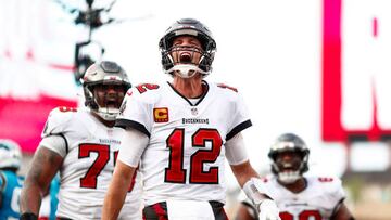 TAMPA, FL - JANUARY 1: Tom Brady #12 of the Tampa Bay Buccaneers screams in celebration after rushing for a touchdown during the fourth quarter of an NFL football game against the Carolina Panthers at Raymond James Stadium on January 1, 2023 in Tampa, Florida. (Photo by Kevin Sabitus/Getty Images)