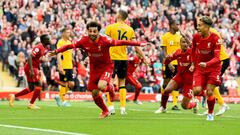 LIVERPOOL, ENGLAND - MAY 22: (THE SUN OUT, THE SUN ON SUNDAY OUT) Mohamed Salah of Liverpool celebrates after scoring the second goal making the score 2-1 during the Premier League match between Liverpool and Wolverhampton Wanderers at Anfield on May 22, 2022 in Liverpool, England. (Photo by Andrew Powell/Liverpool FC via Getty Images)
