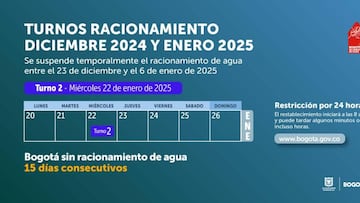 Este miércoles 22 de enero regirá el turno dos de racionamiento de agua en Bogotá que afectará a dos localidades y a Cota.