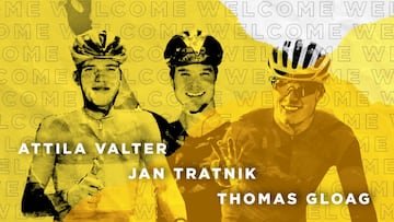 Cartel promocional de los fichajes de Attila Valter, Jan Tratnik y Thomas Gloag por el equipo Jumbo-Visma.