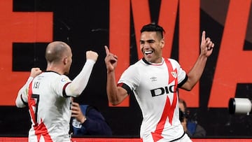 MADRID, SPAIN - OCTOBER 27: Radamel Falcao of Rayo Vallecano celebrates after opening the scoring during the LaLiga Santander match between Rayo Vallecano and FC Barcelona at Campo de Futbol de Vallecas on October 27, 2021 in Madrid, Spain. (Photo by Deni