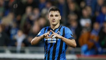 Club's Ferran Jutgla celebrates after scoring during a soccer match between Club Brugge KV and KV Mechelen, Saturday 01 October 2022 in Brugge, on day 10 of the 2022-2023 'Jupiler Pro League' first division of the Belgian championship. BELGA PHOTO BRUNO FAHY (Photo by BRUNO FAHY / BELGA MAG / Belga via AFP) (Photo by BRUNO FAHY/BELGA MAG/AFP via Getty Images)