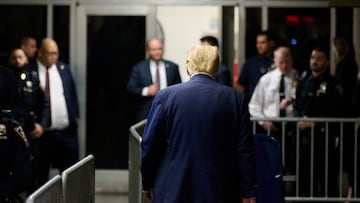 Former U.S. President Donald Trump walks away after speaking to the press at Manhattan Supreme Court, as his trial continues, in New York, U.S., April 19, 2024. Curtis Means/Pool via REUTERS