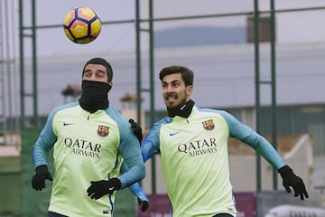 Arda Turan and Andre Gomes during training for Barcelona