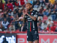 Joao Geraldino of San Luis during the 5th round match between Necaxa and Atletico de San Luis as part of the Liga BBVA MX, Torneo Clausura 2026 at Victoria Stadium, on February 06, 2026 in Aguascalientes, Mexico.