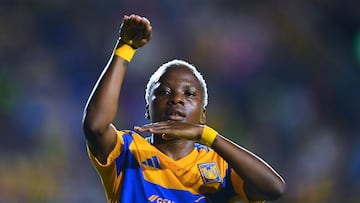 Chrestina Kgatlana celebrates her goal 2-0 of Tigres during the semi-finals match between Tigres UANL and Portland Thorns as part of the Concacaf W Champions Cup at Universitario Stadium on May 21, 2025 in Monterrey, Nuevo Leon, Mexico.